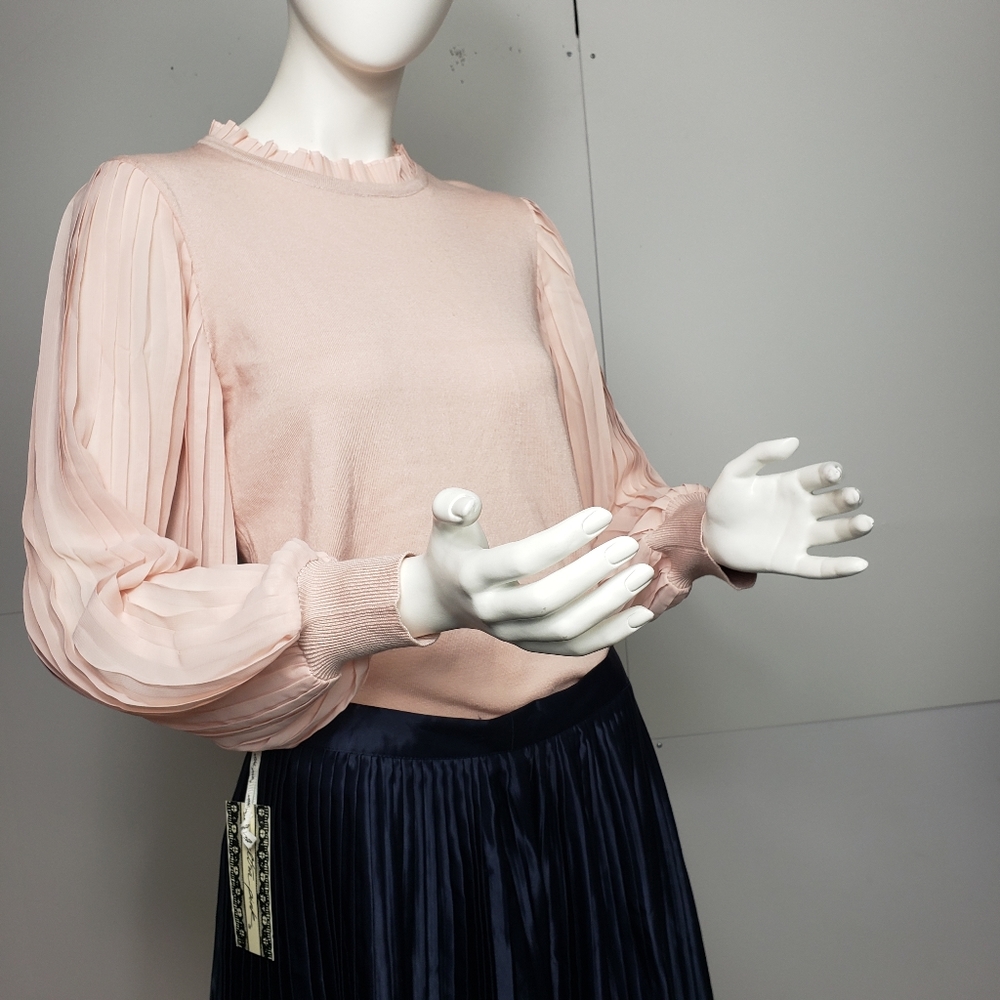 Adrianna Papell Pearl Blush Pleate Sleeve Woven Neck Sweater S